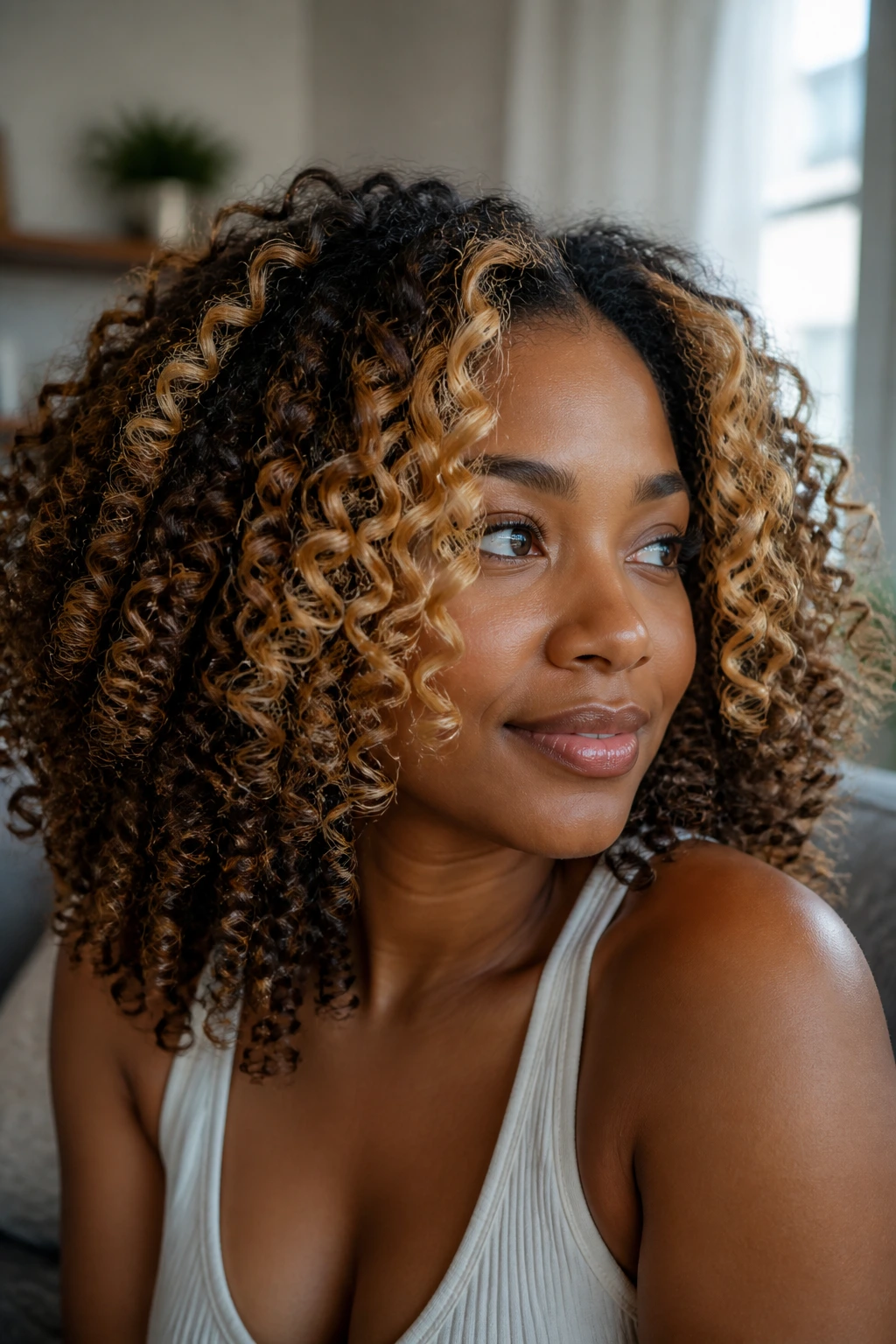 Close-up of a real person with curly hair and a soft gold face frame around the curls