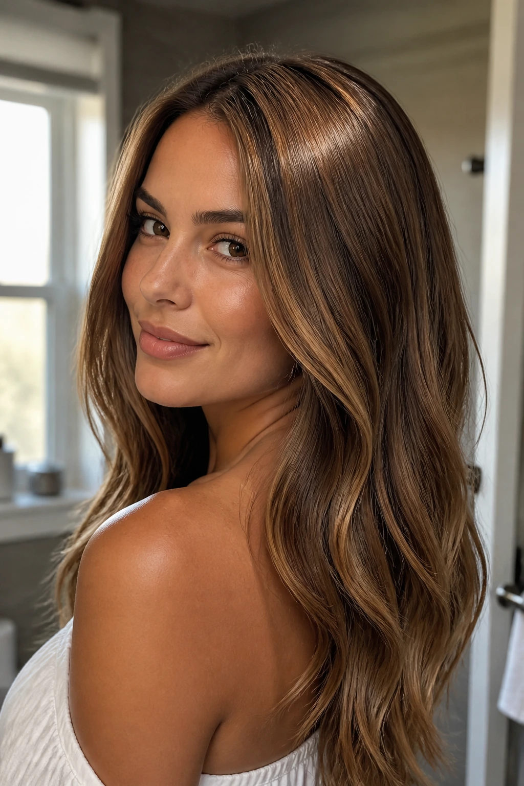 Close-up of brunette with soft metallic gold gloss hair and warm light reflections