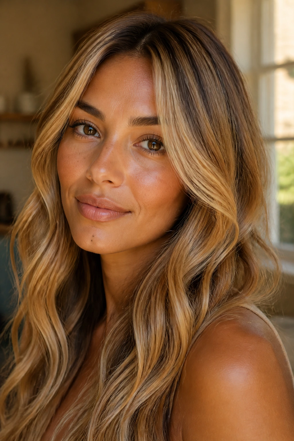 Close-up of warm-toned skin with gold-beige blonde highlights framing the face