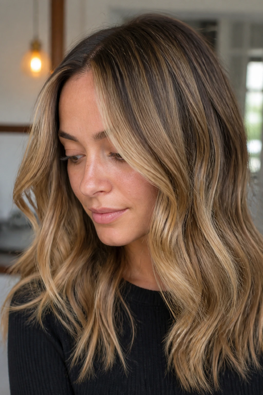 Close-up of a real woman with gold lowlight mix on hair