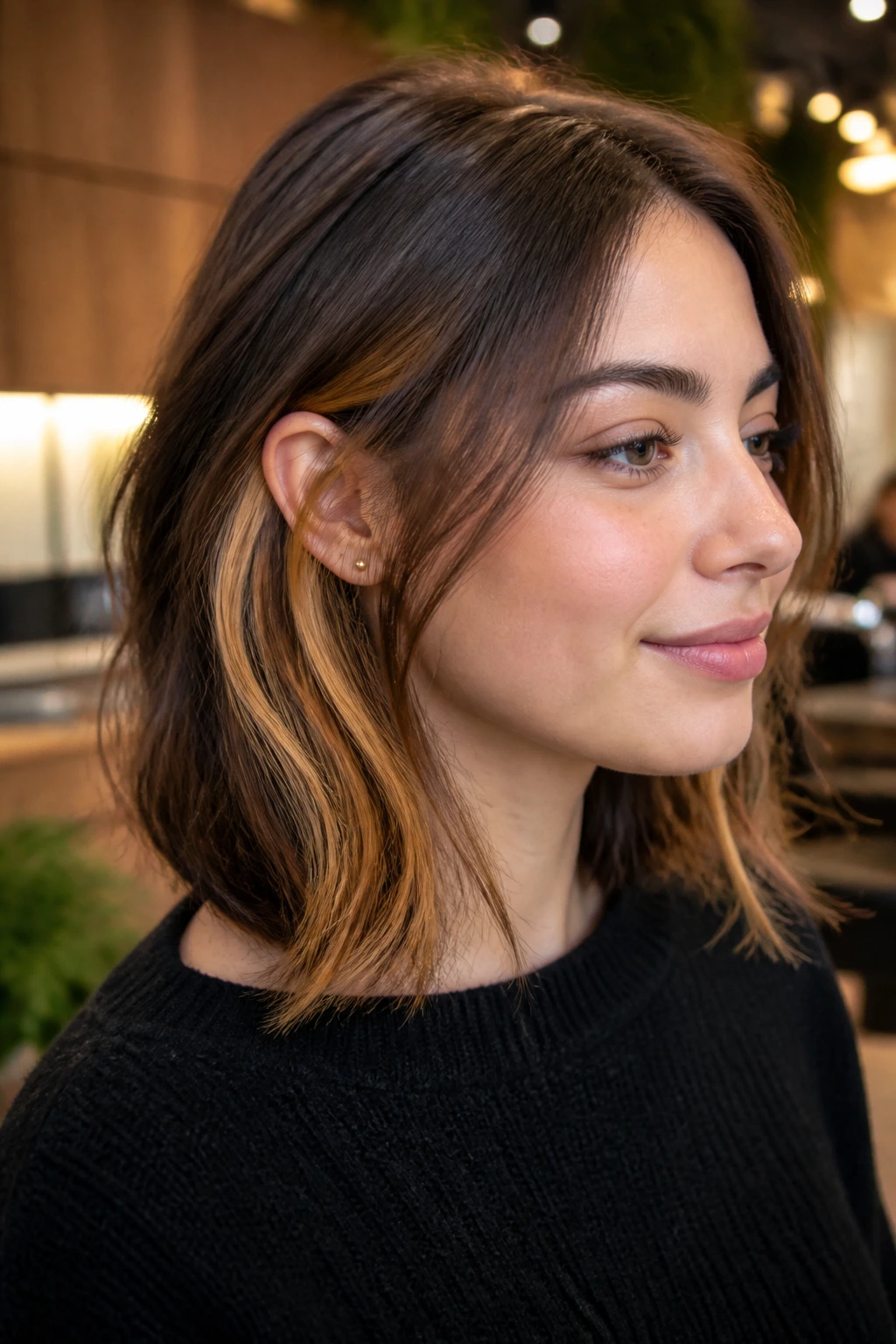 Close-up portrait of a real person showing subtle gold peekaboo panels under top hair in a shoulder-length layered cut
