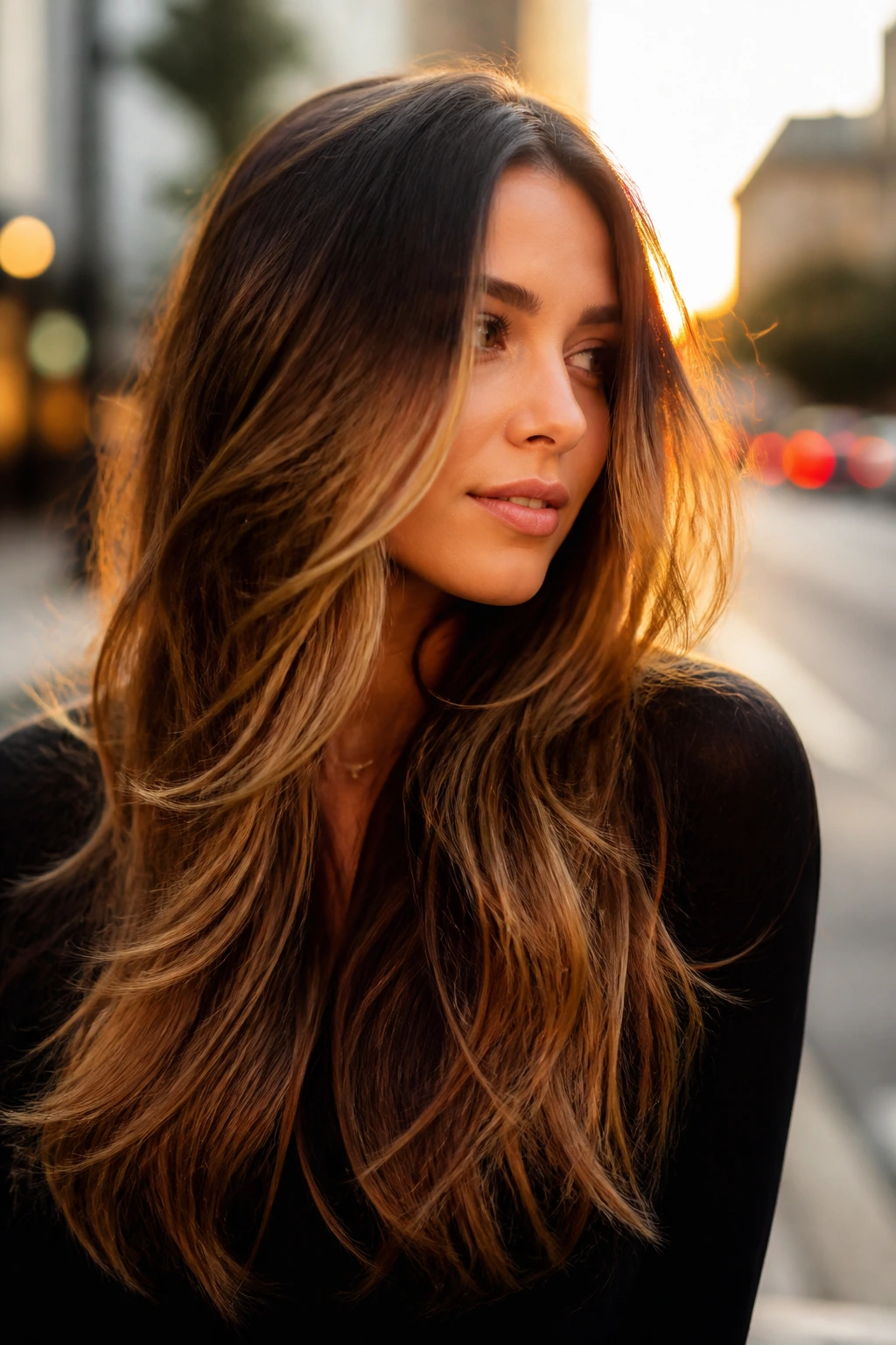 Brunette with gold-threaded layers during golden hour