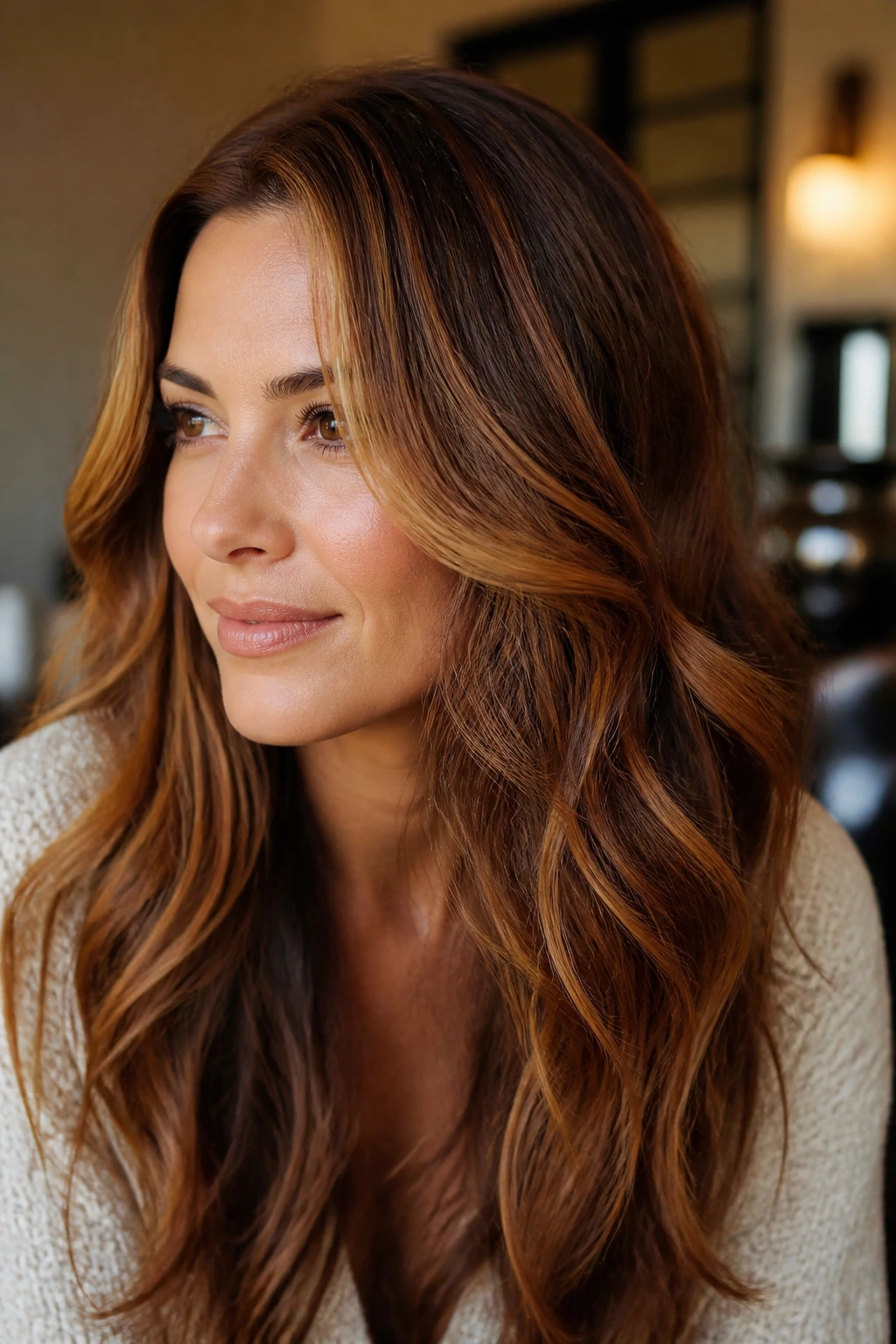 Close-up of soft auburn-brunette with gold threads on a real person