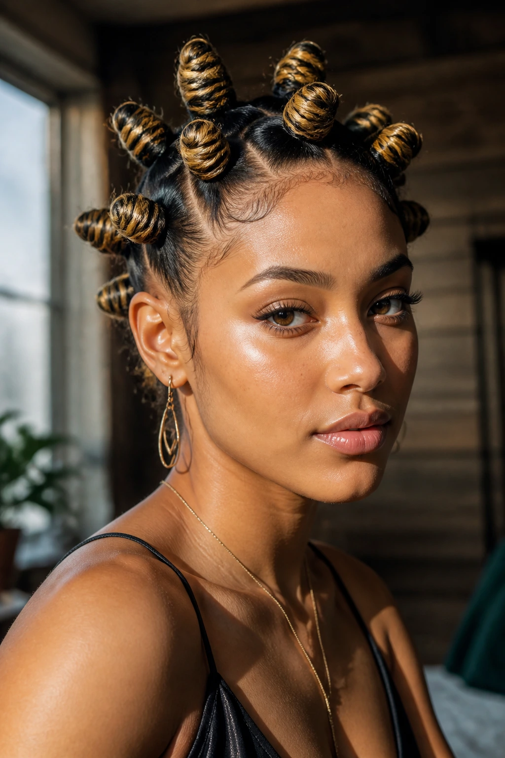 Close-up of real person with gold-tipped bantu knots