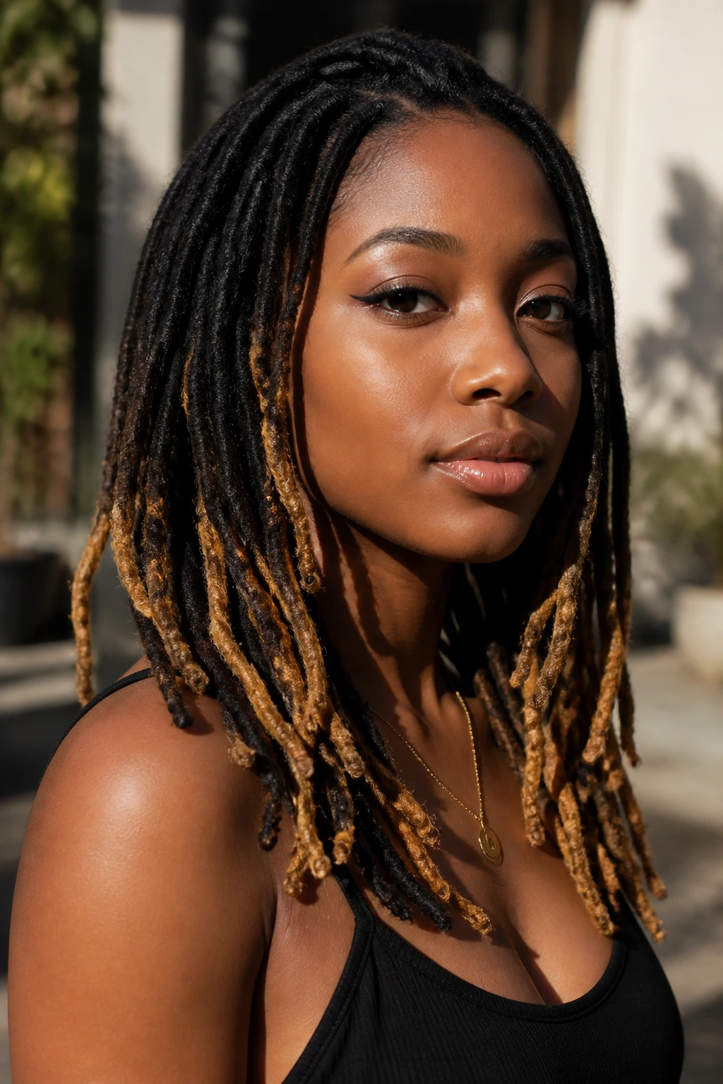 Portrait of a person with gold-tipped faux locs in outdoor light