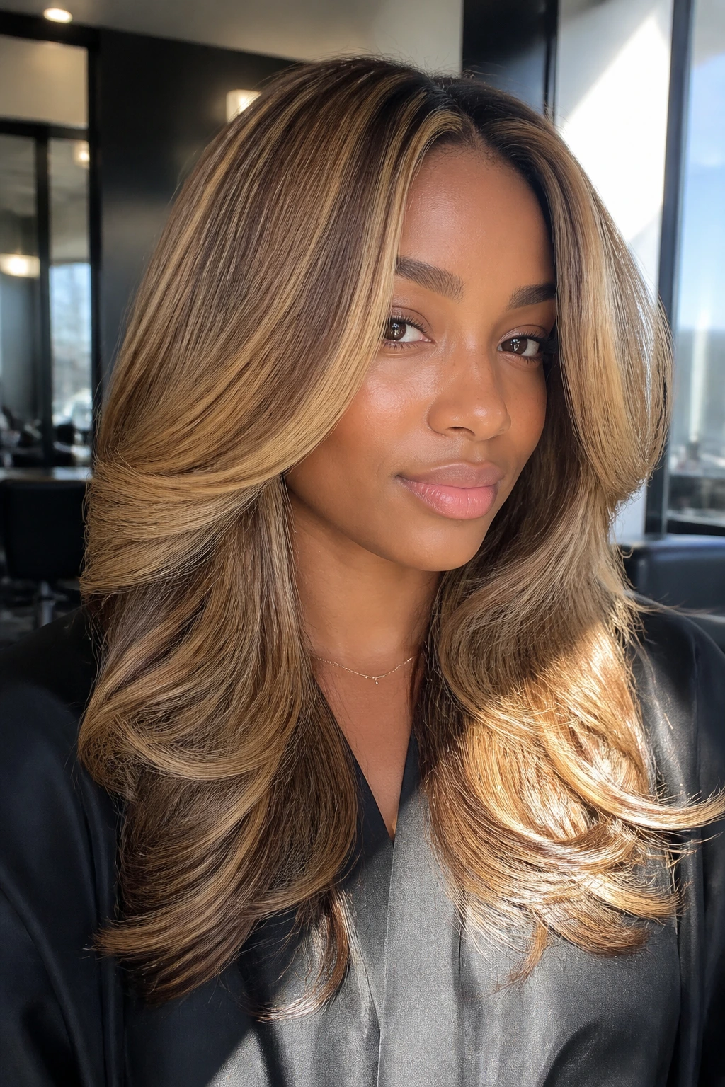 Close-up of real person with golden almond caramel blowout, warm beige tones and layered ends
