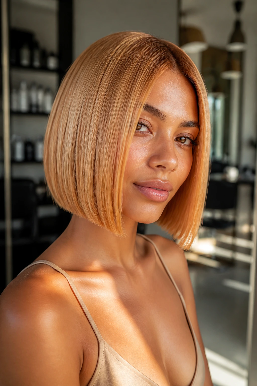 Close-up of a real woman with a golden apricot bob on tan skin