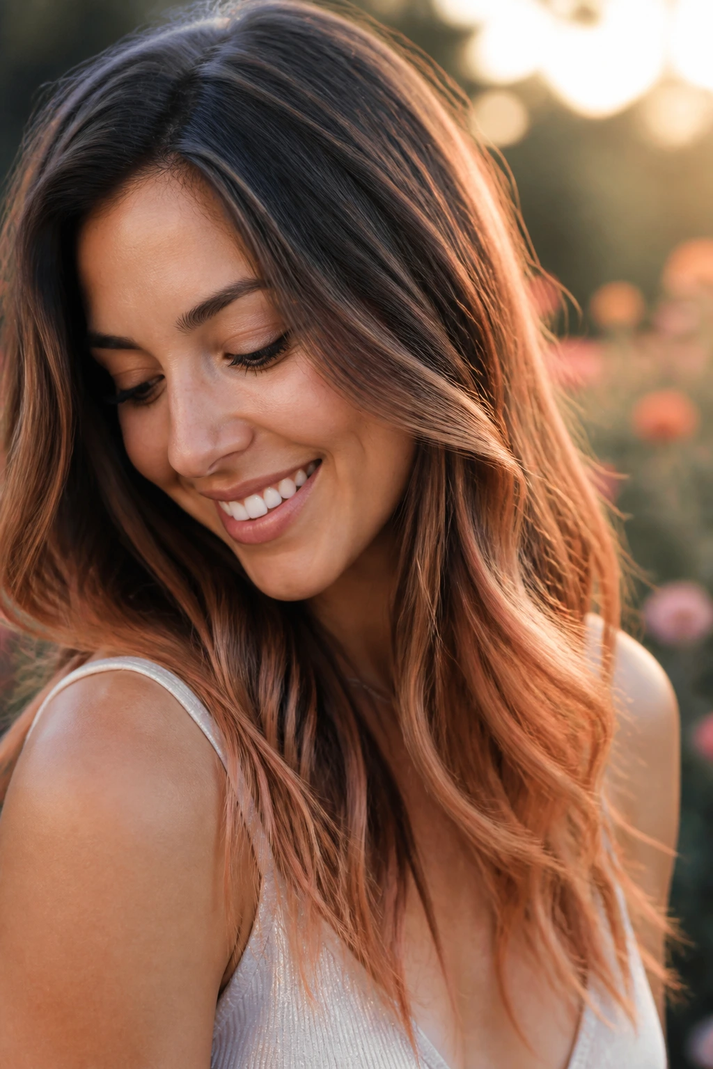 Close-up of a real woman's hair showing golden apricot ends in warm light