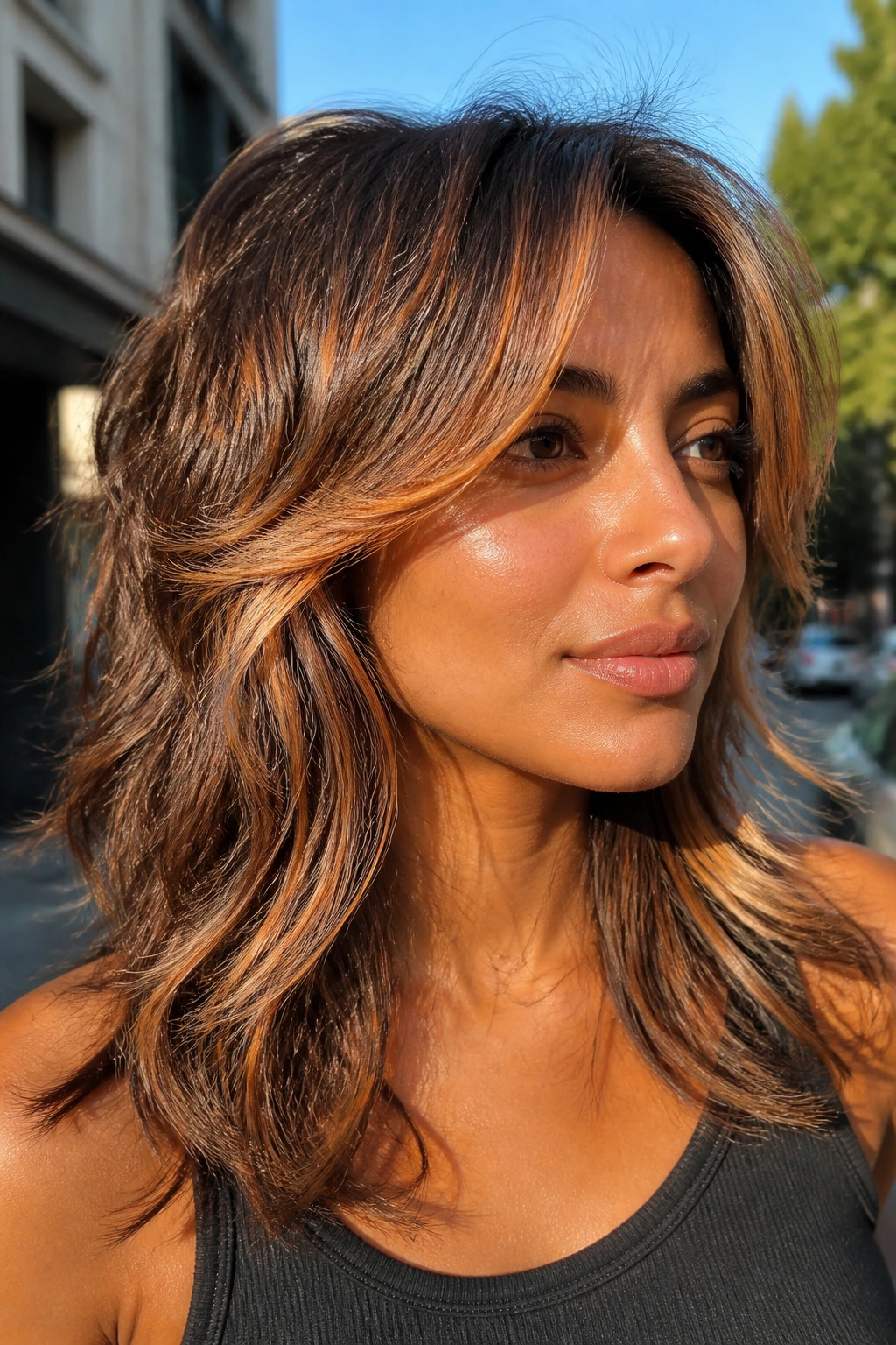 Real woman with golden apricot accent pieces around temple and cheekbone