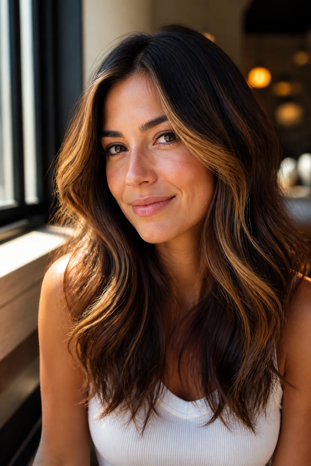 Close-up of brunette with golden apricot partial highlights around the face