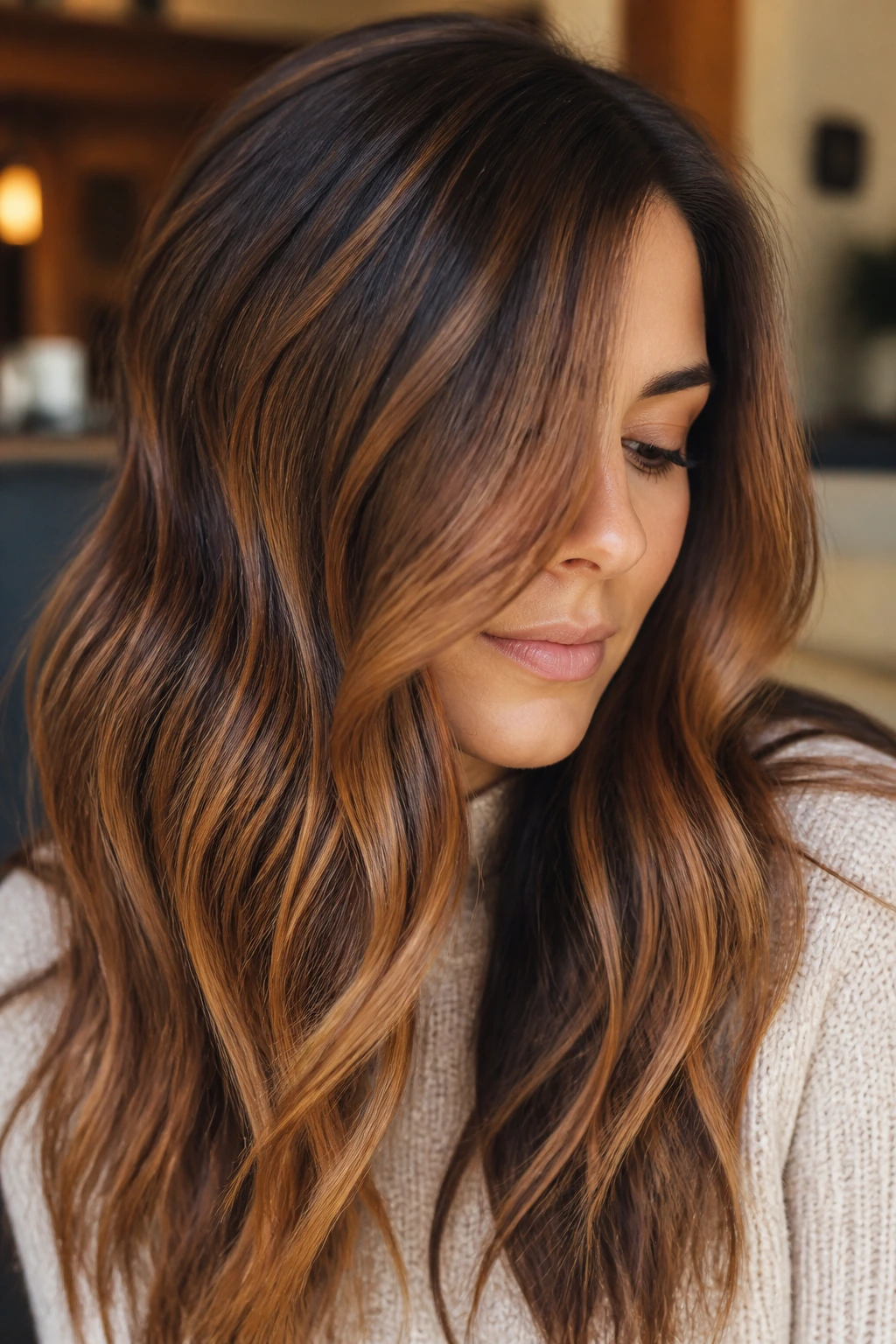 Brunette with golden apricot lowlights in warm interior
