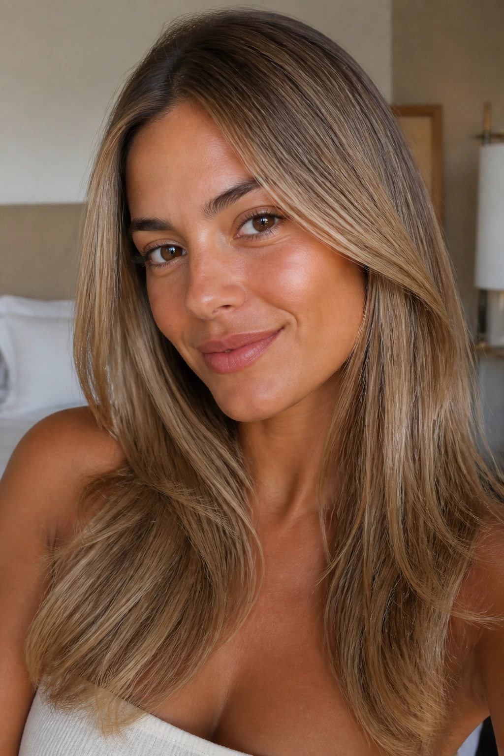 Close-up portrait of a real woman with golden ash dark blonde hair in soft bedroom light.