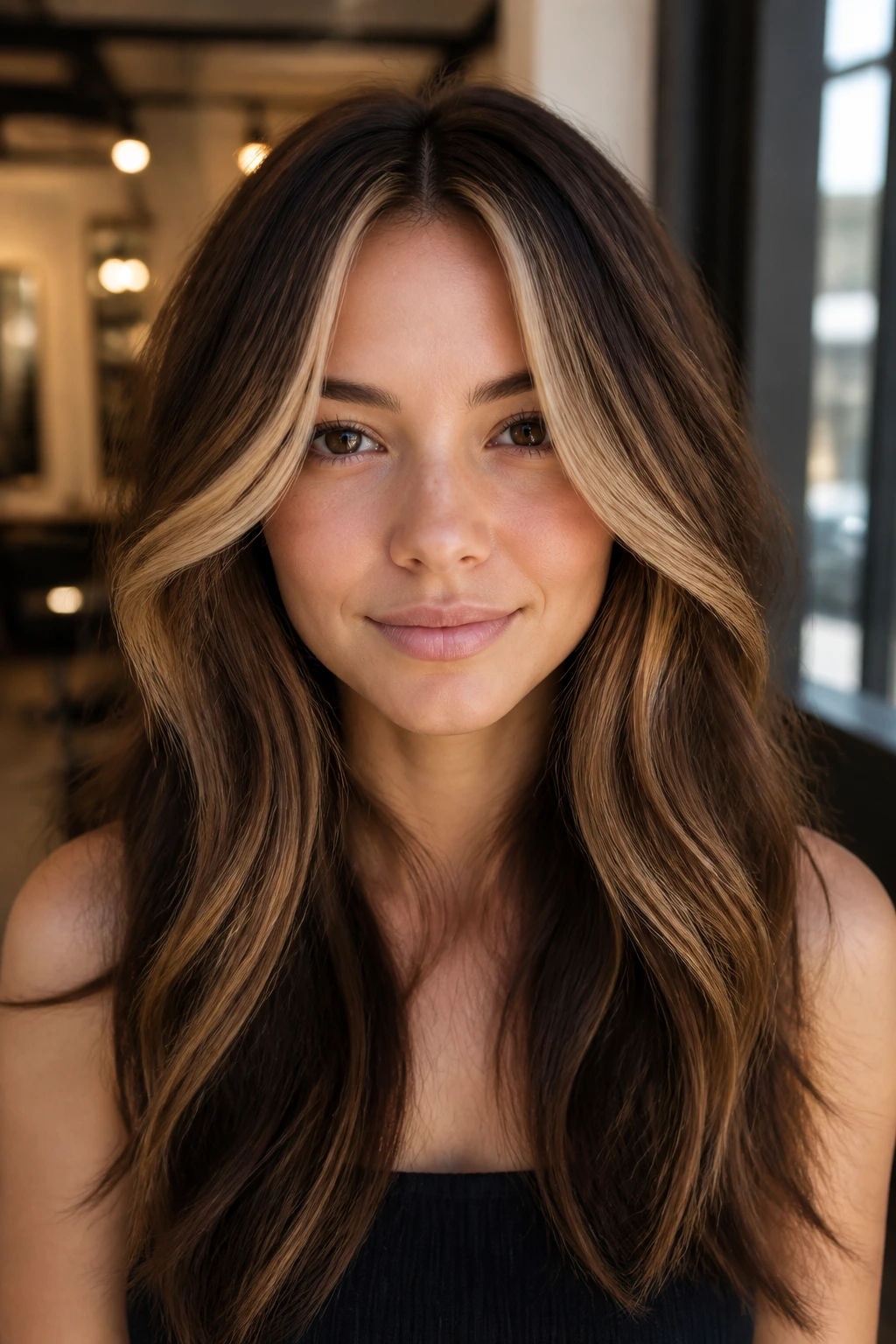 Close-up portrait of a real woman with a golden ash money piece in brunette hair