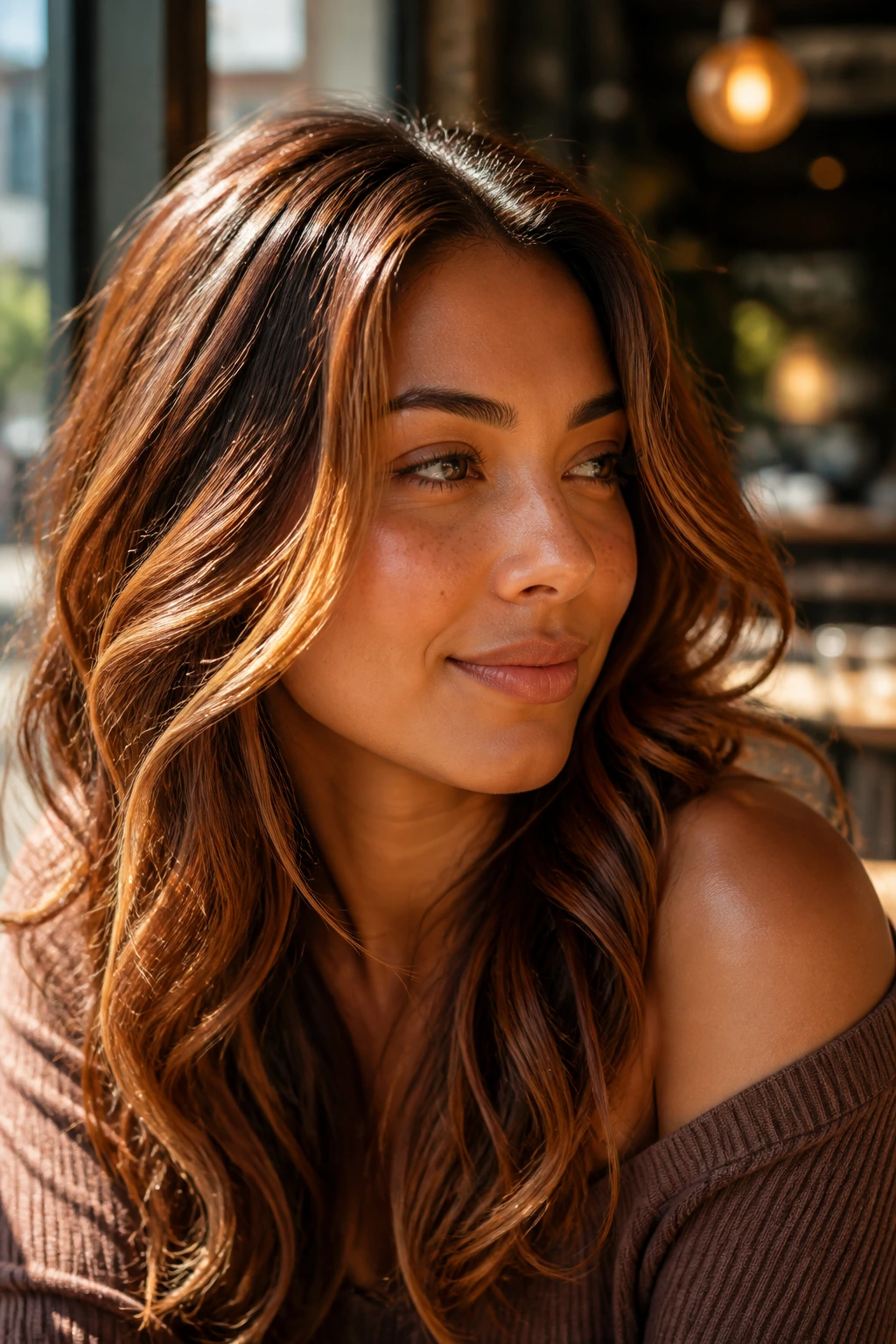 Close-up portrait of a real woman with golden auburn accents on golden-brown hair in warm light.