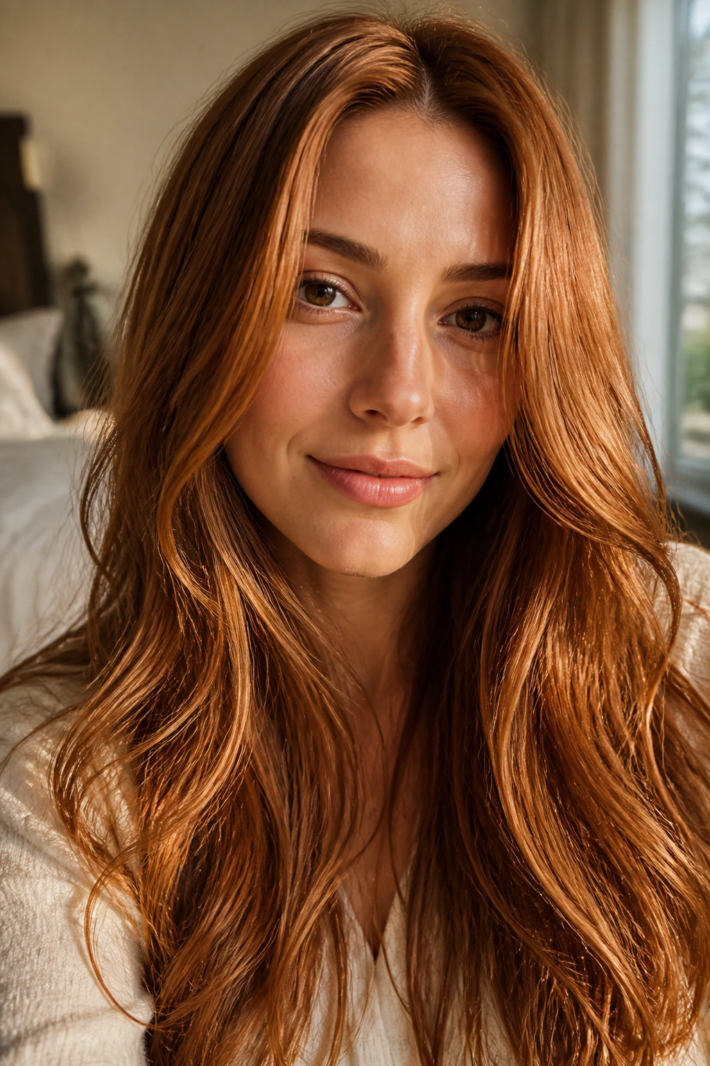 Close-up of a real woman with golden auburn hair in warm light