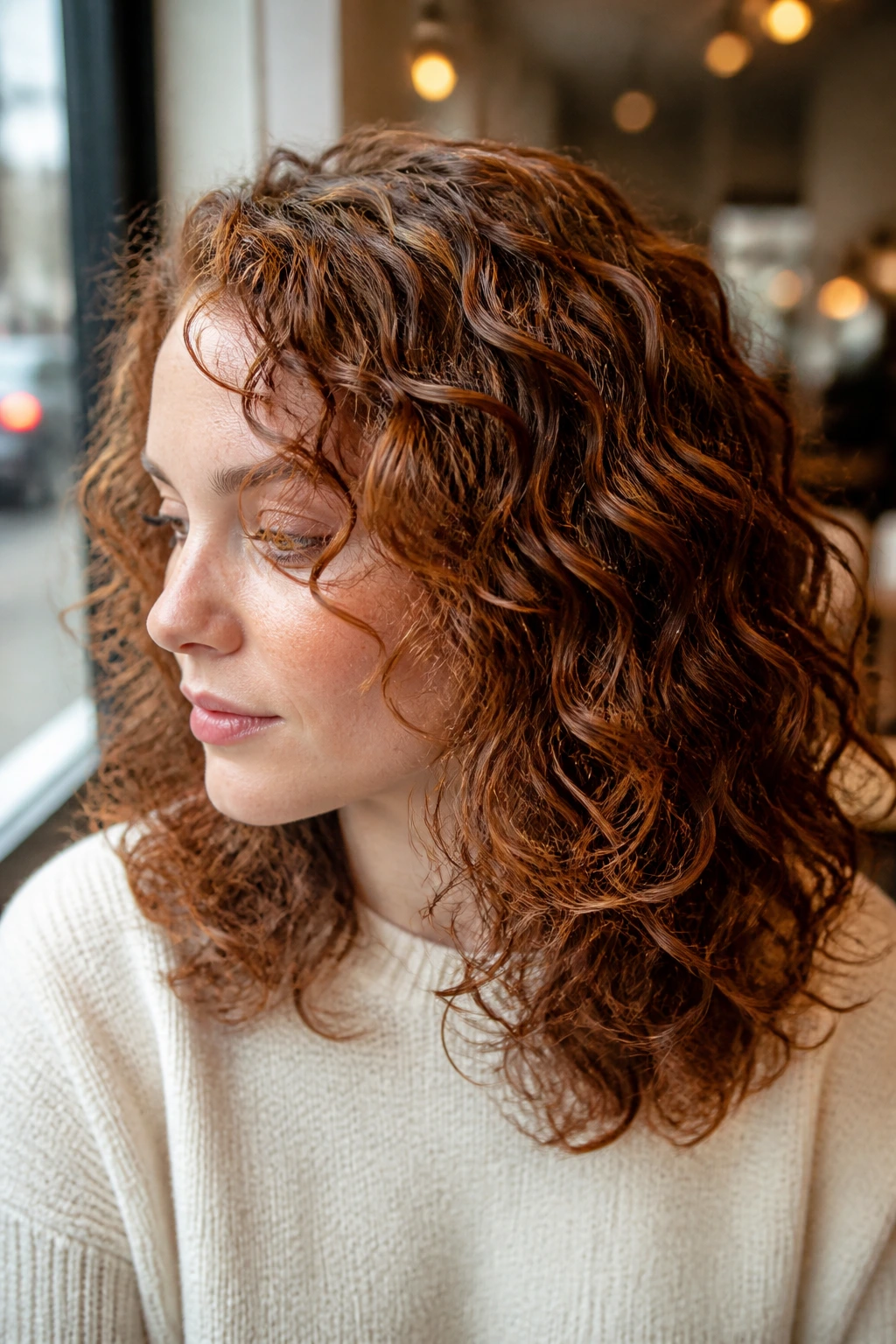 Close-up of a real person with micro-light golden auburn highlights in curls