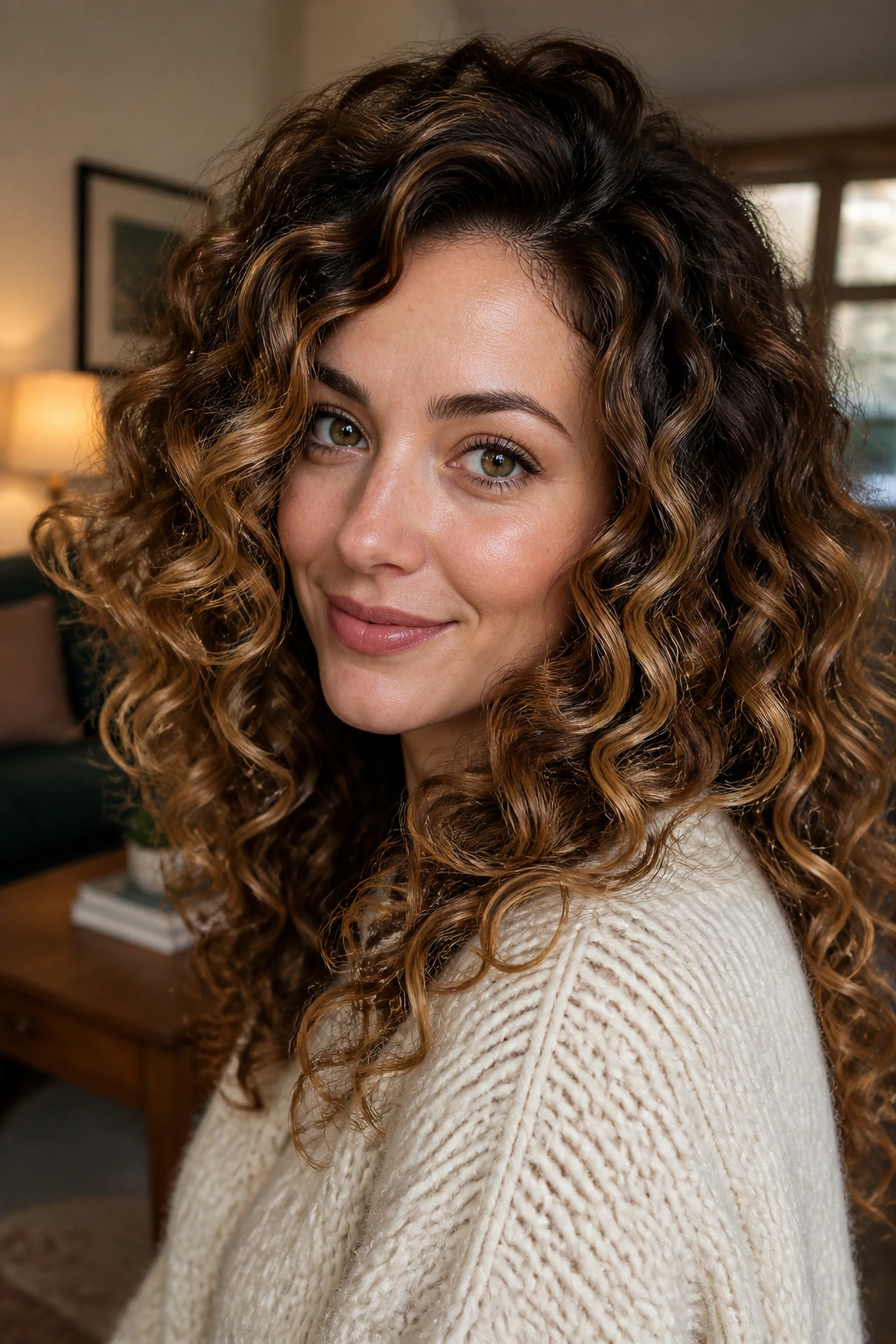 Close-up portrait of a real woman with brunette curls and golden babylights.