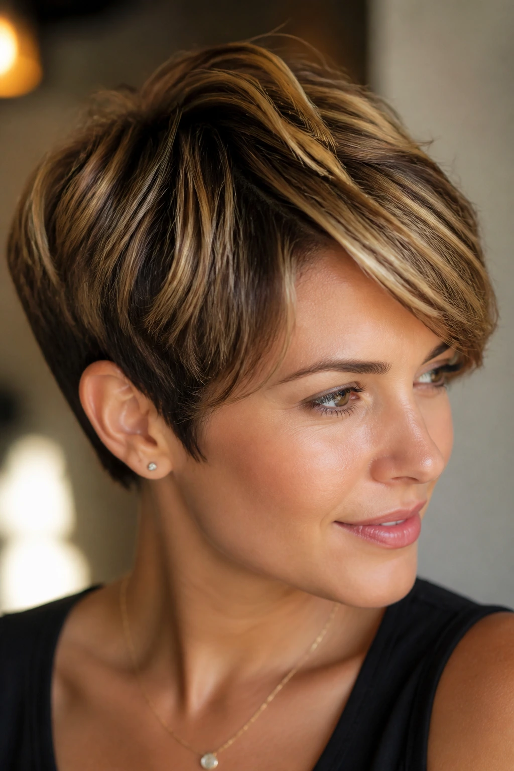 Portrait of a real woman with golden babylights on a pixie