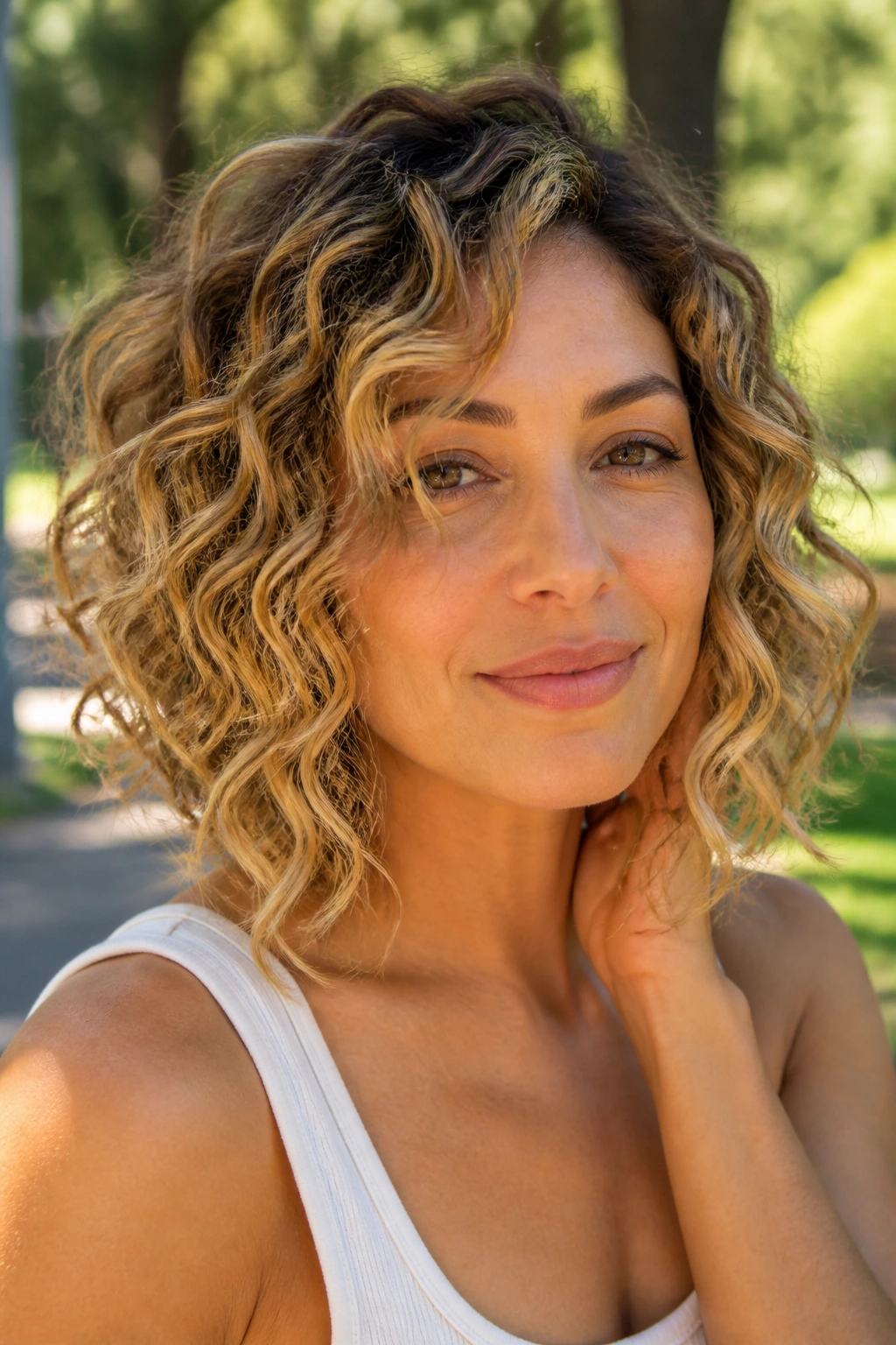 Real woman with golden balayage curly bob and collarbone-skimming front