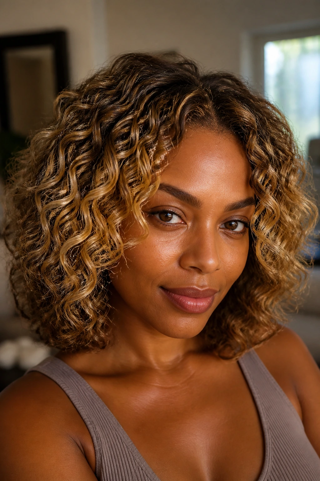 Close-up of a real woman with golden balayage curls on a lob
