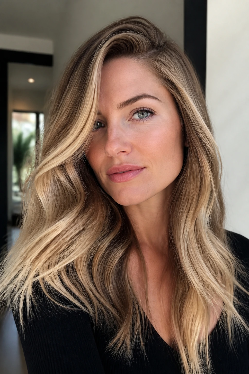 Portrait of a real person with deep side part and golden balayage