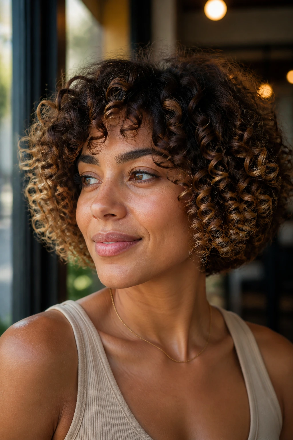 Close-up of a woman with golden balayage ends on a short curly bob
