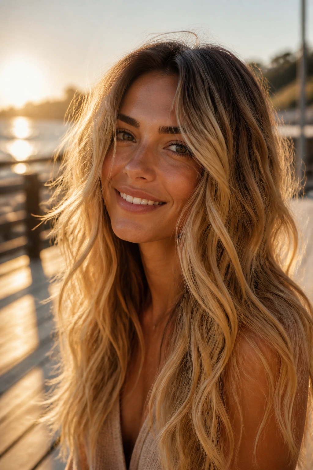 Medium close-up of a real woman with warm golden beach waves on dark hair.