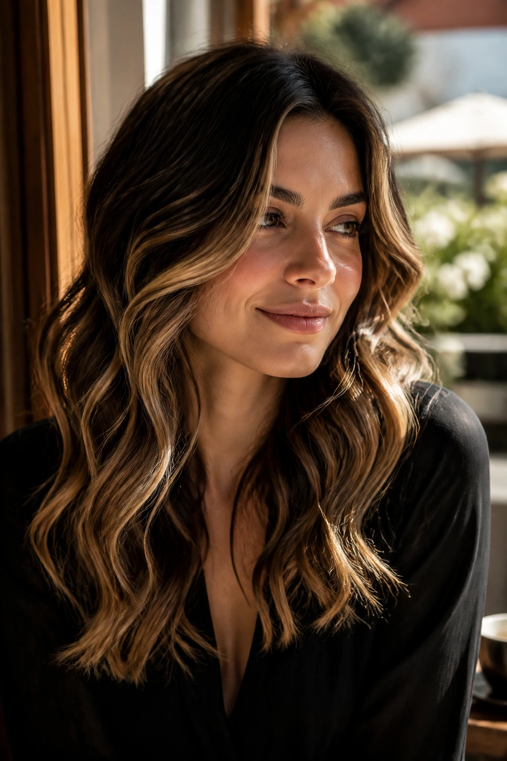 Close-up of dark hair with golden sunlit highlights in beach waves