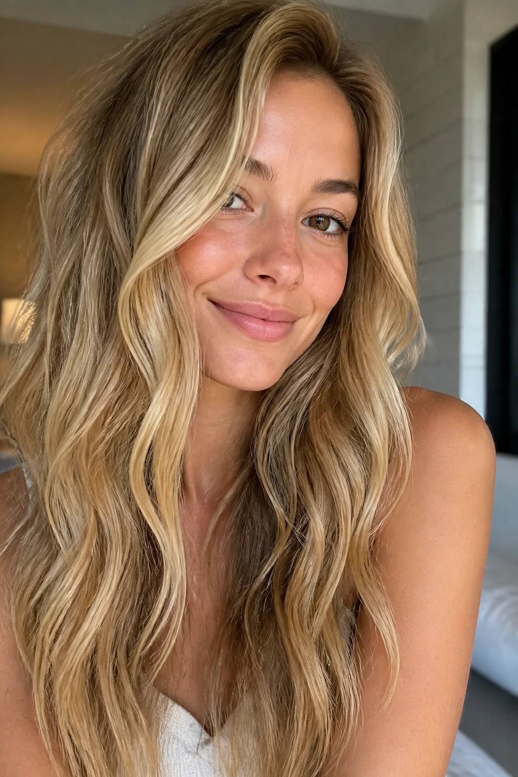 Portrait of person with long hair in golden beach waves