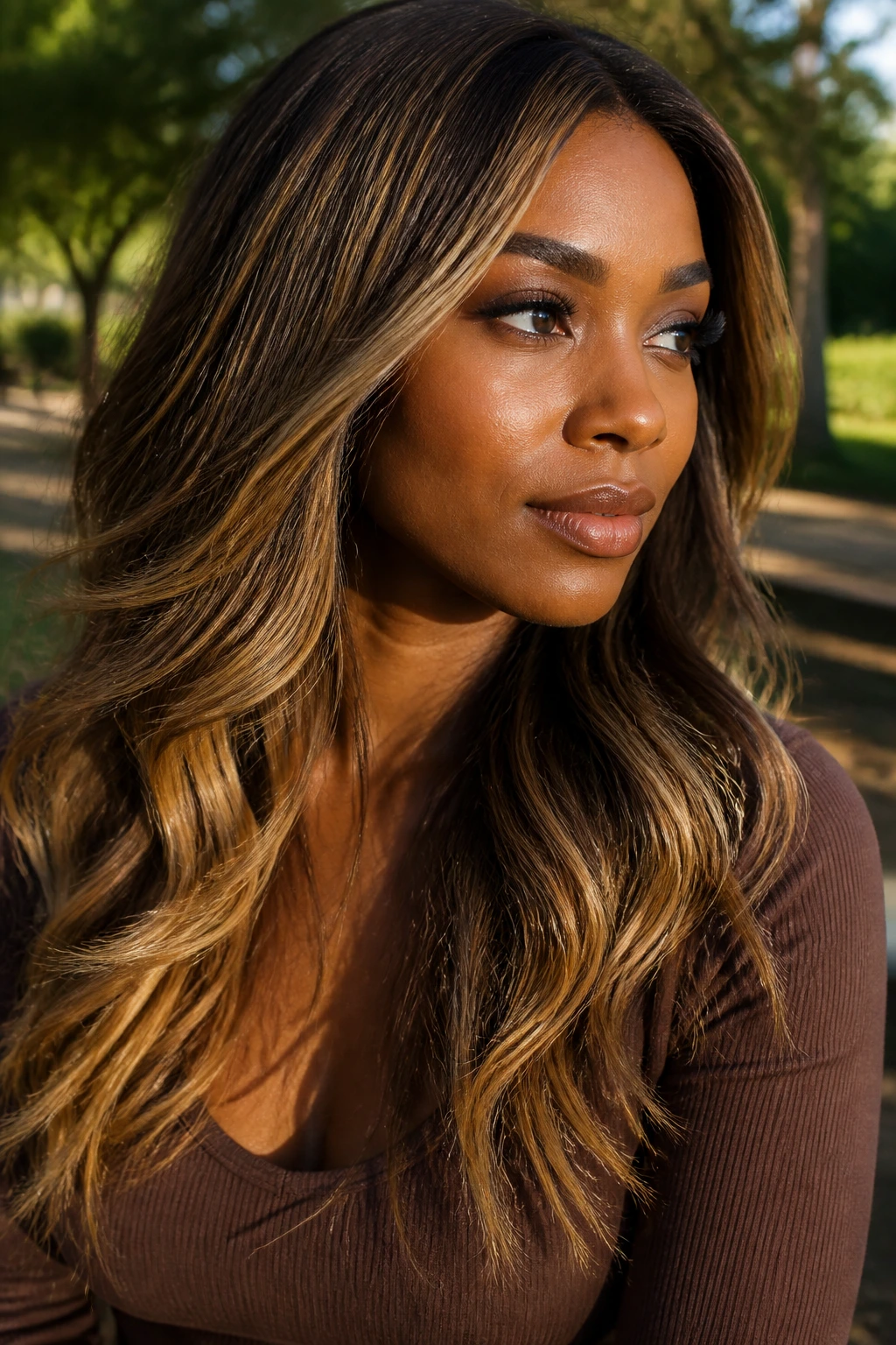 Close-up portrait of a real woman with golden beige balayage and fine babylights