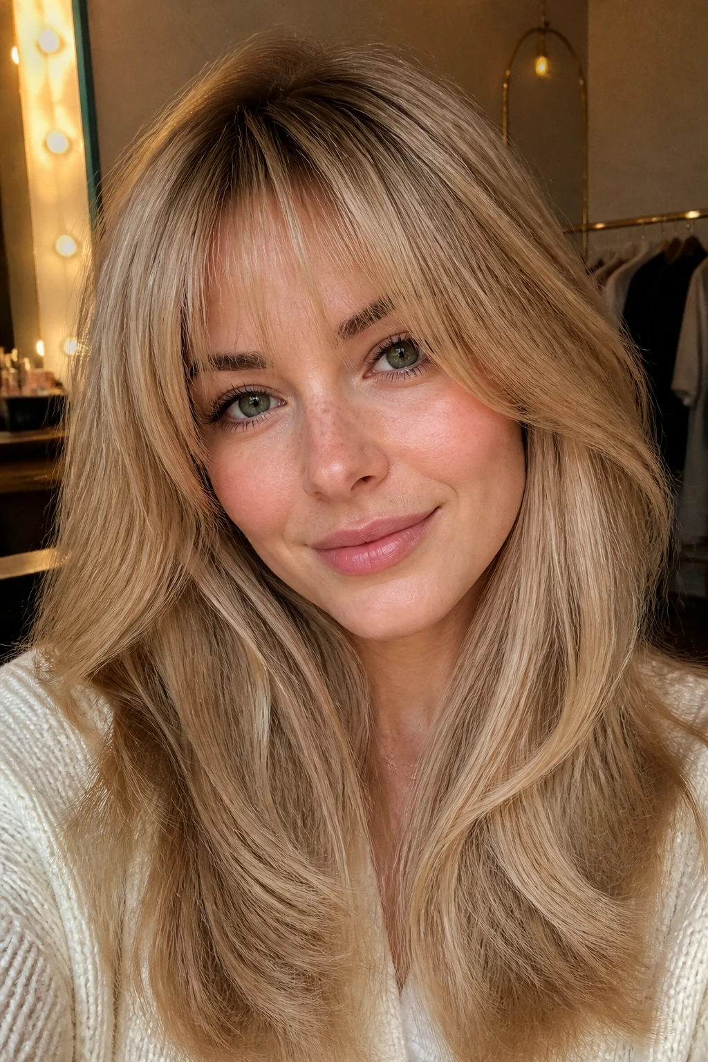 Close-up portrait of a real woman with golden beige balayage and layered bangs in warm dressing room light
