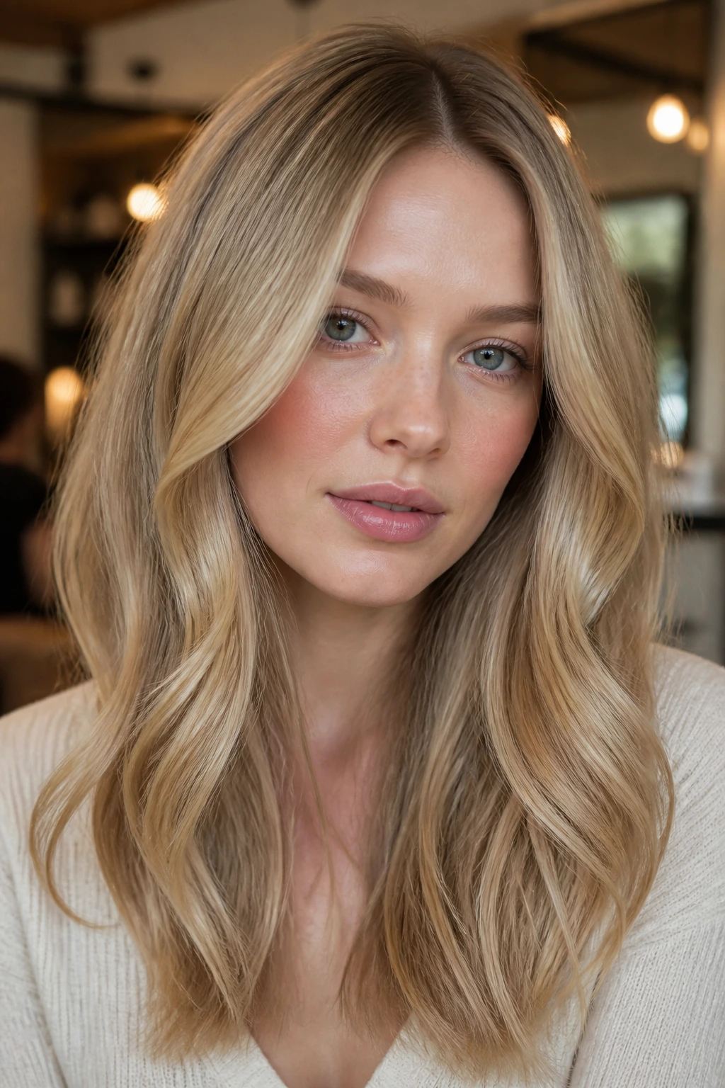 Close-up of a woman with golden beige blonde hair and pale skin