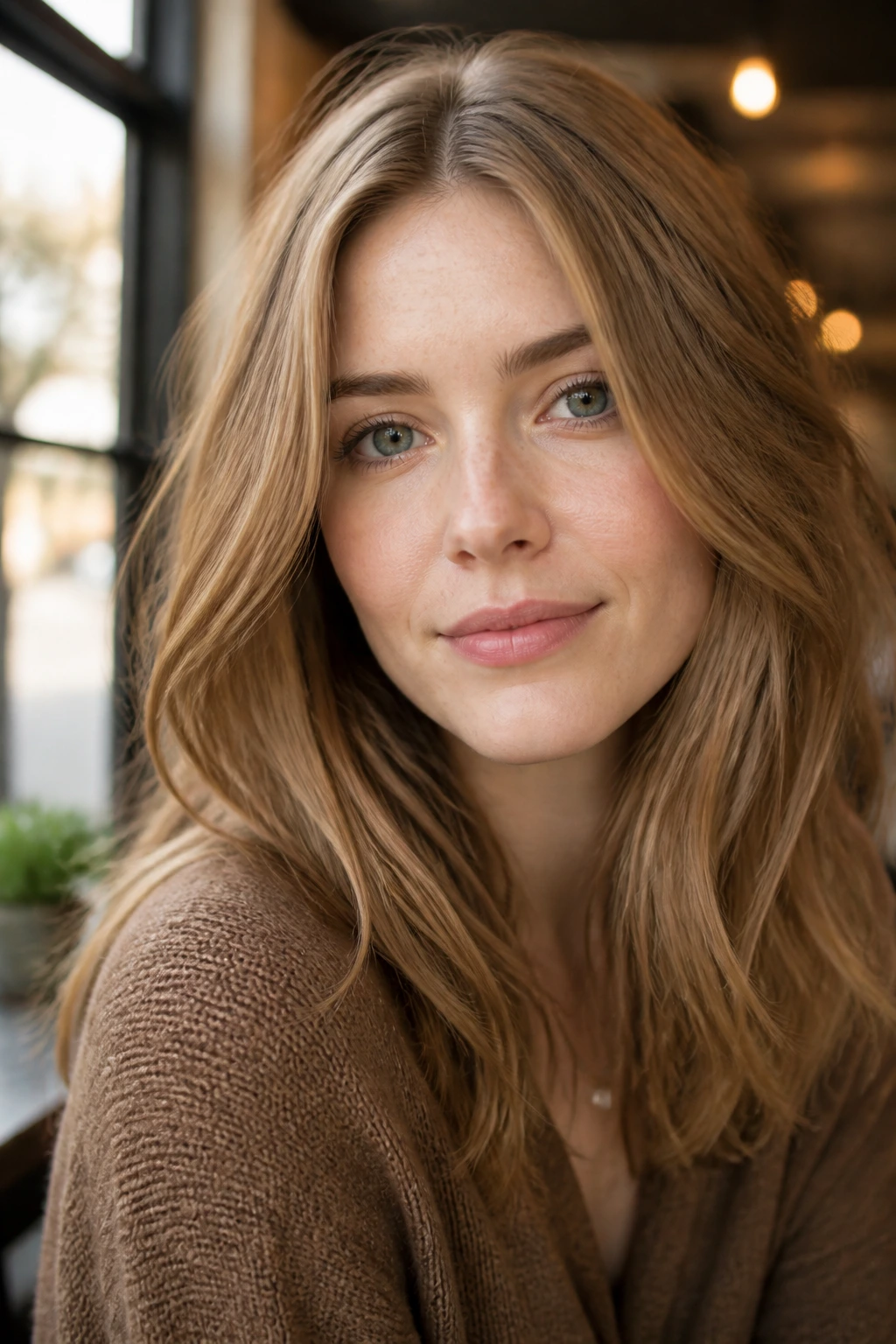 Close-up of a real woman with golden beige brown hair and subtle gold reflections