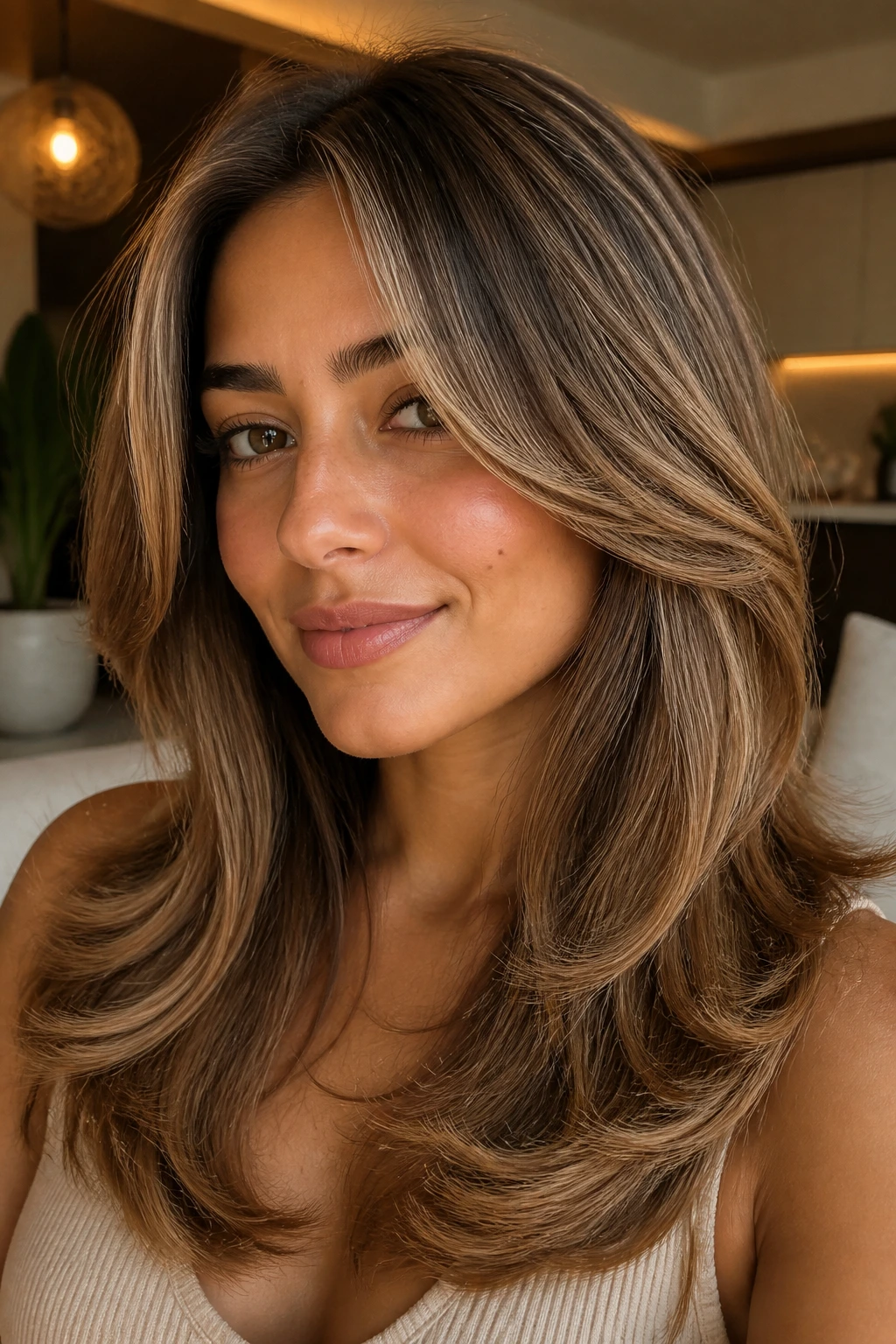 Portrait of a woman with a butterfly cut featuring golden beige highlights on lifted front layers.
