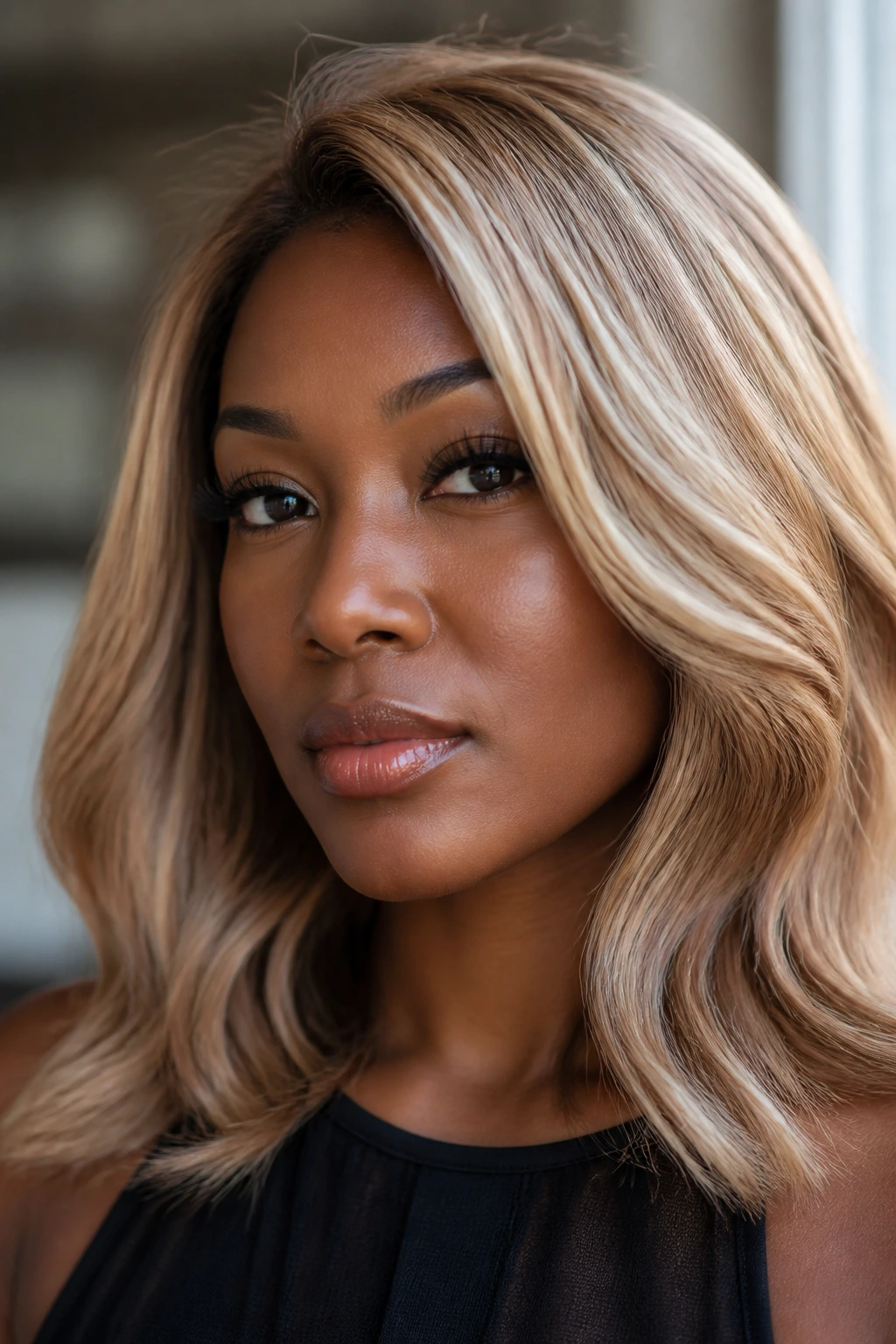 Close-up of a deep-skin model with golden beige blonde, soft and polished.