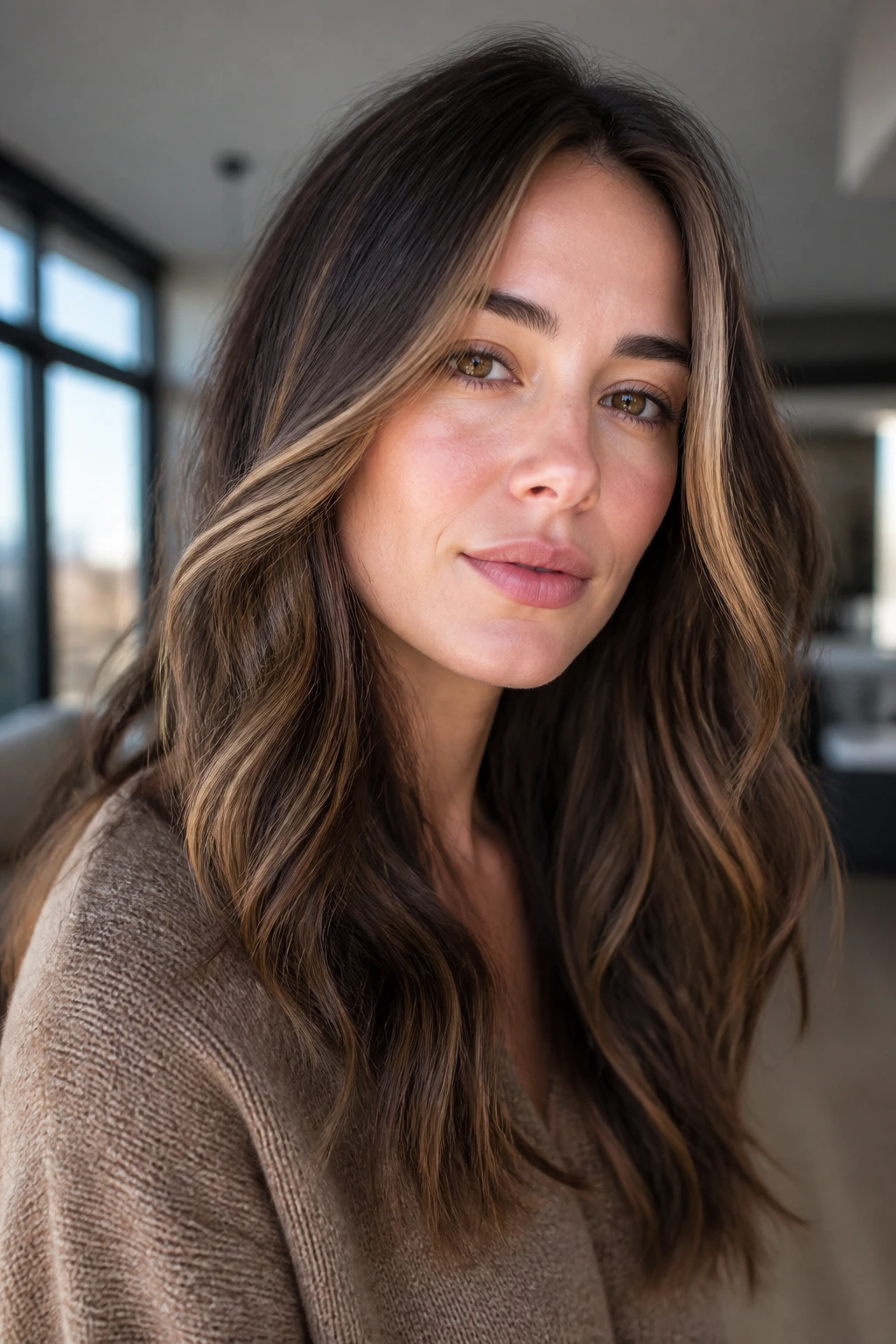 Close-up of a real woman with brunette base and beige-gold highlights