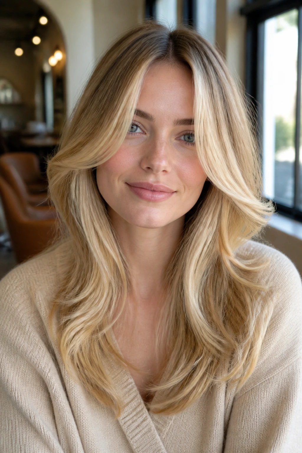 Medium close-up of golden beige face-framing layers framing a pale-skinned woman