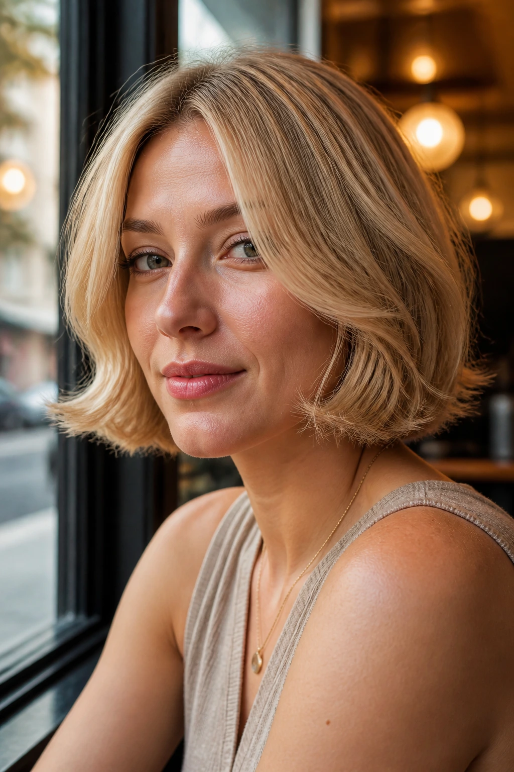 Close-up of a real woman with golden beige bob and flipped-out ends in cafe light.