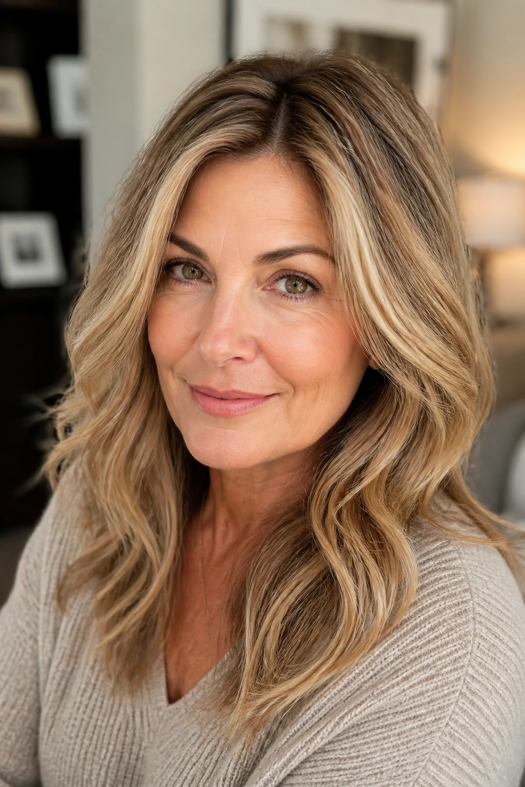 Hair with golden beige highlights around the face on a real person.