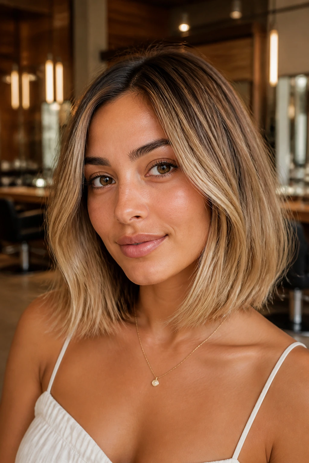 Close-up of golden beige lob with soft ends on olive skin.