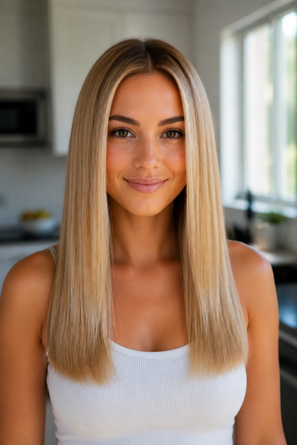 Front portrait of Golden Beige Glass-Straight Cut with sleek straight hair.