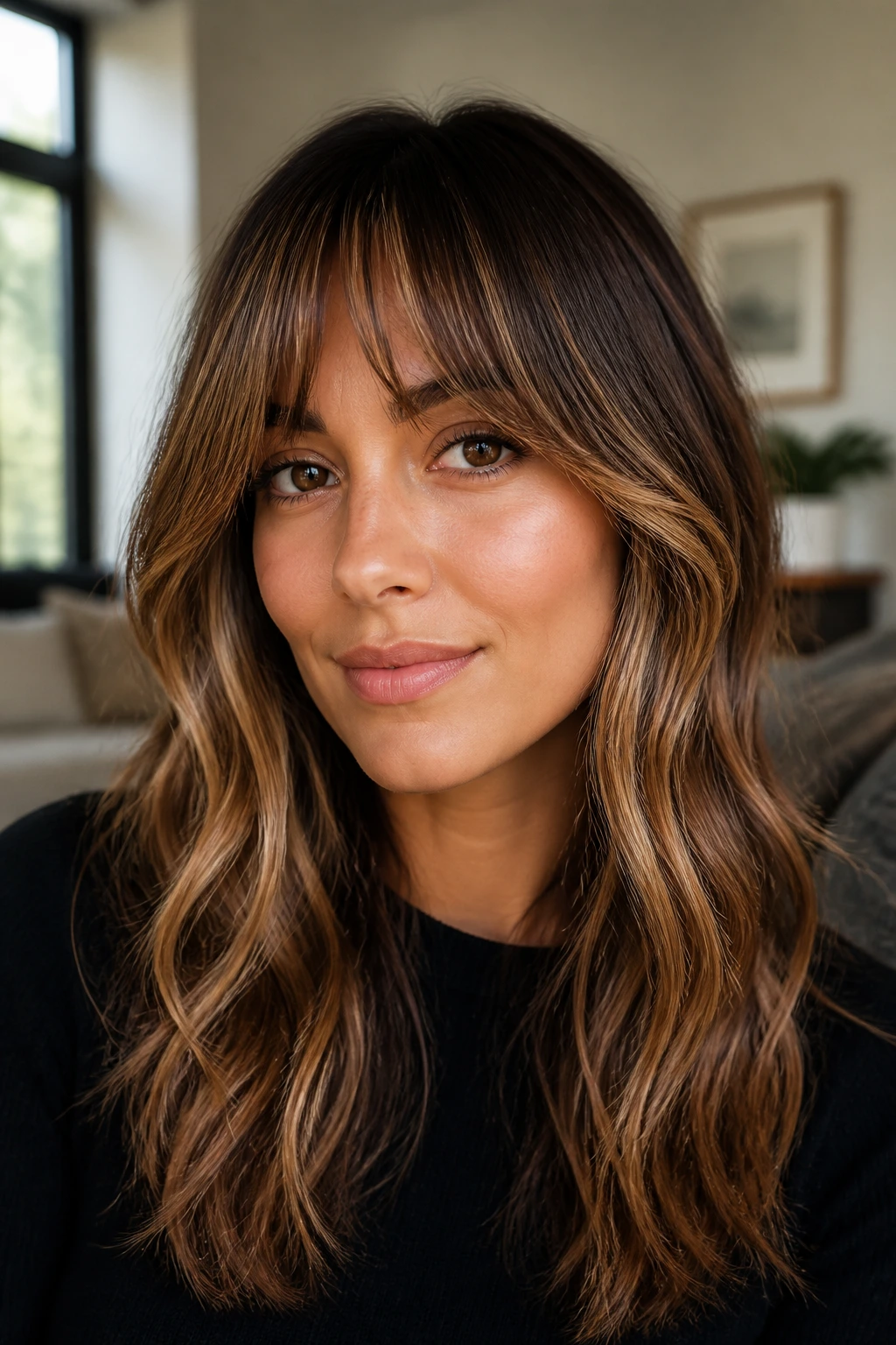 Close-up of a real woman with rounded fringe and golden biscuit balayage framing the face