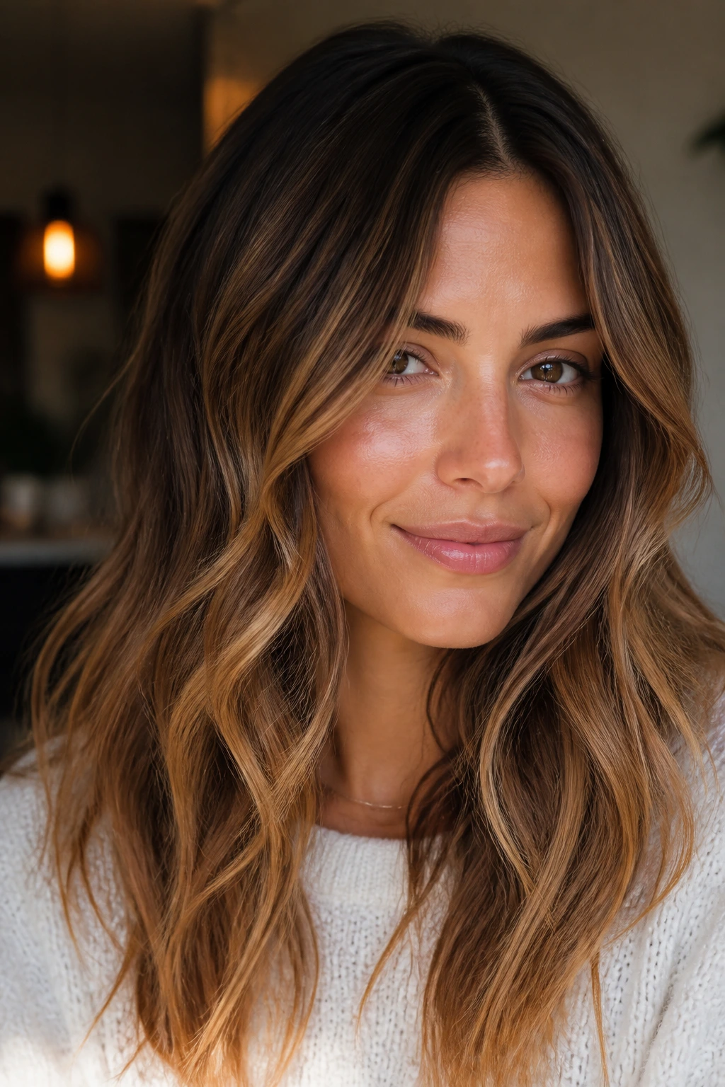 Close-up portrait of a real woman with Golden Biscuit Caramel hair shade, brunette base with warm caramel highlights
