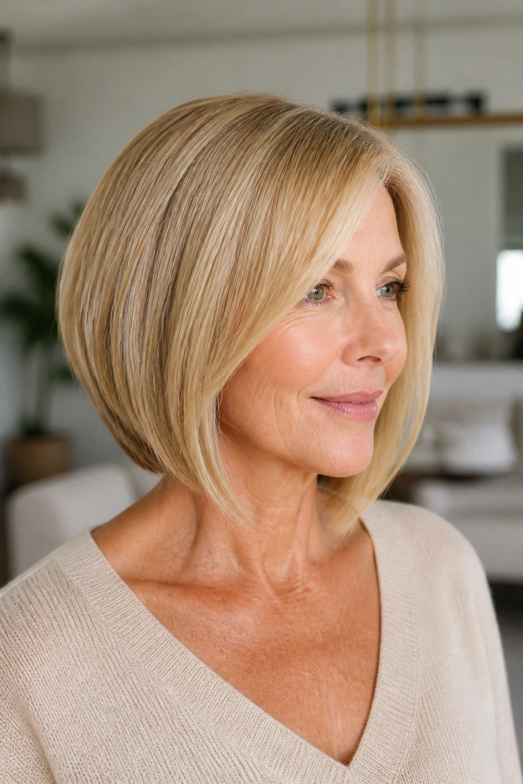 Real woman with golden blonde A-line bob in modern interior.