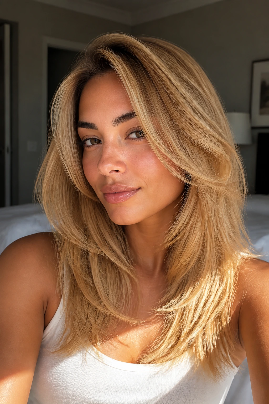 Close-up portrait of a real woman with golden blonde blowout layers under warm window light.
