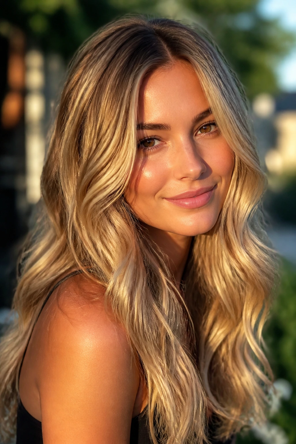 Real person with full golden blonde transformation showing warm luminous tones