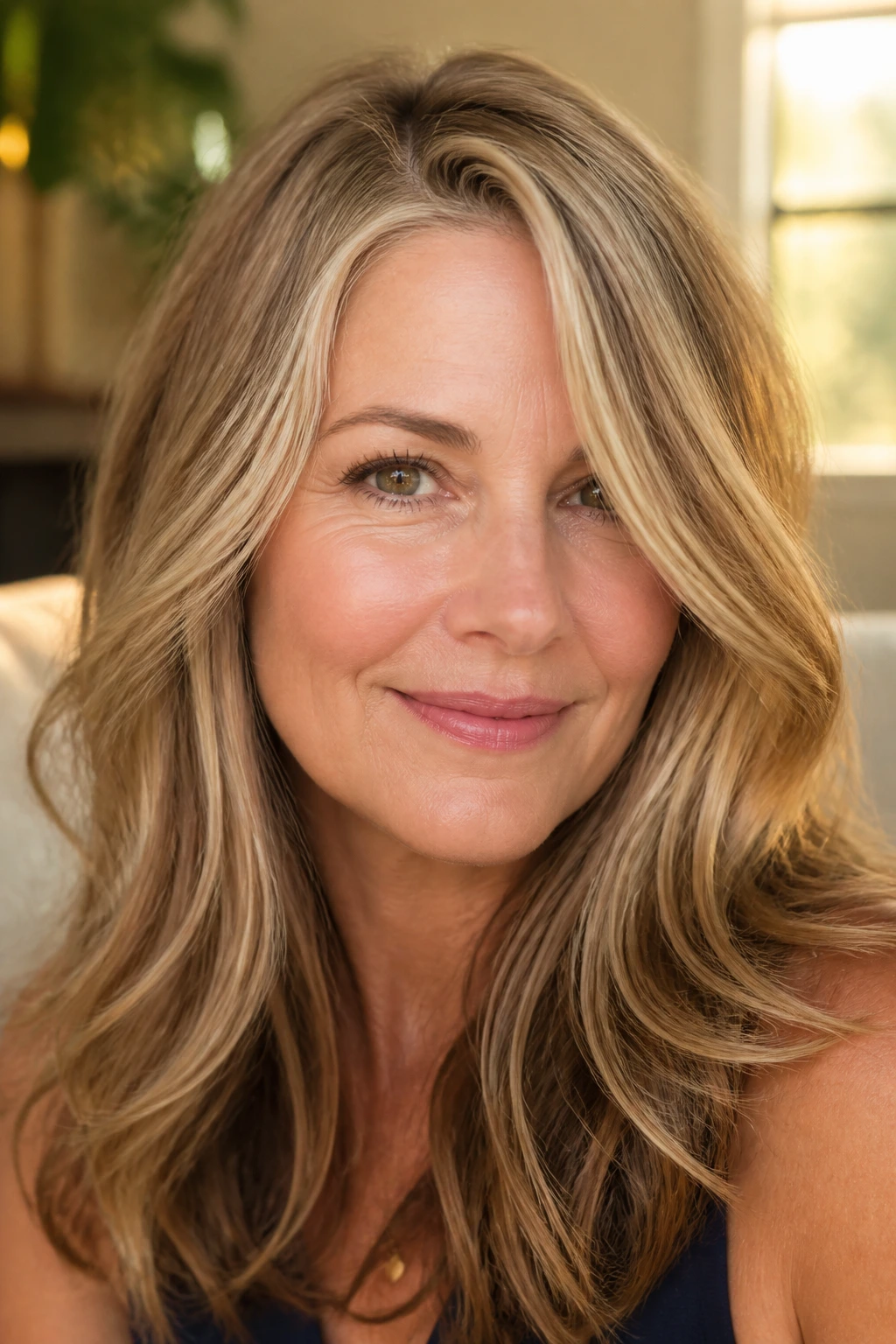 Close-up portrait of a woman with golden blonde hair and chestnut lowlights in warm light