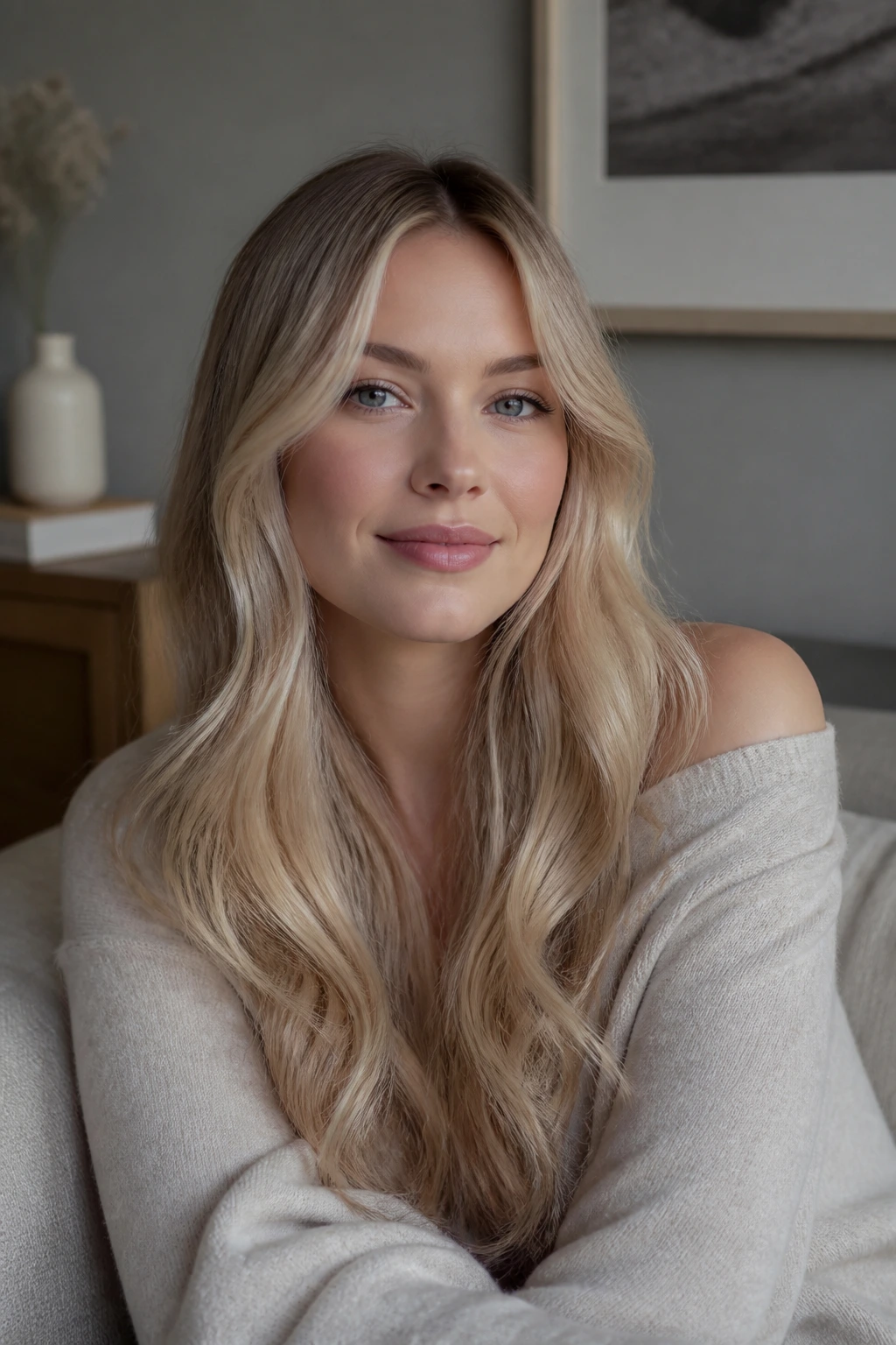 Portrait of a person with cool-toned skin and long blonde hair in neutral clothes