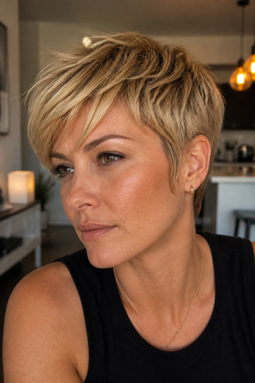 Portrait of a real woman with golden blonde sculpted crop and sideburns.