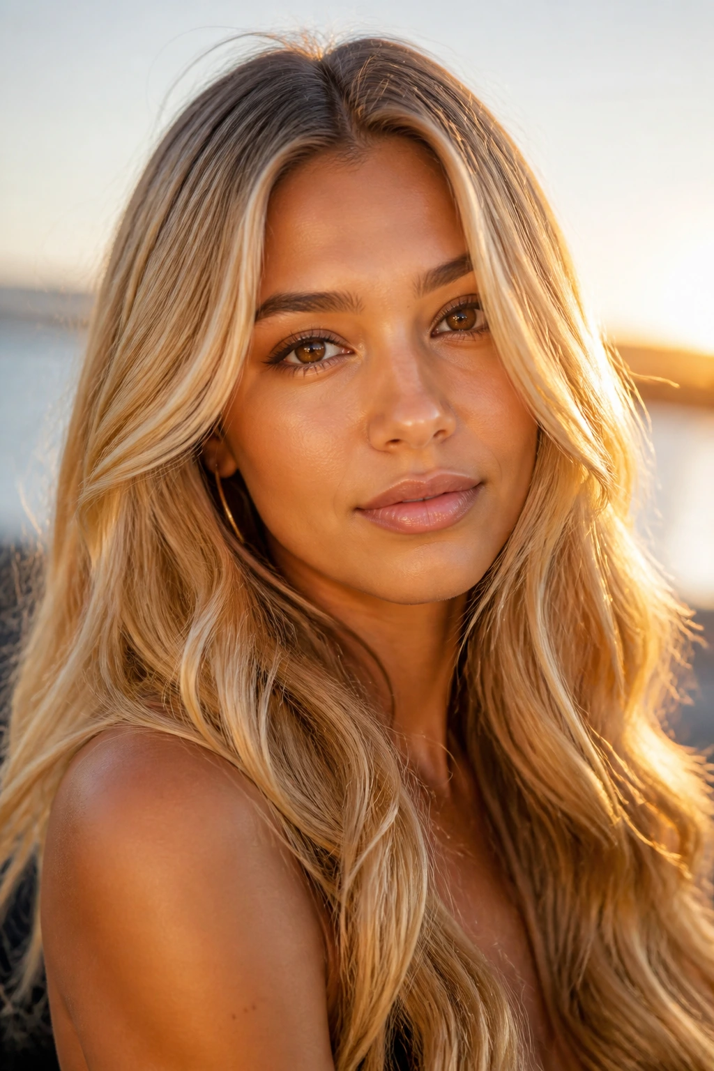 Close-up portrait of a woman with medium skin and golden blonde hair